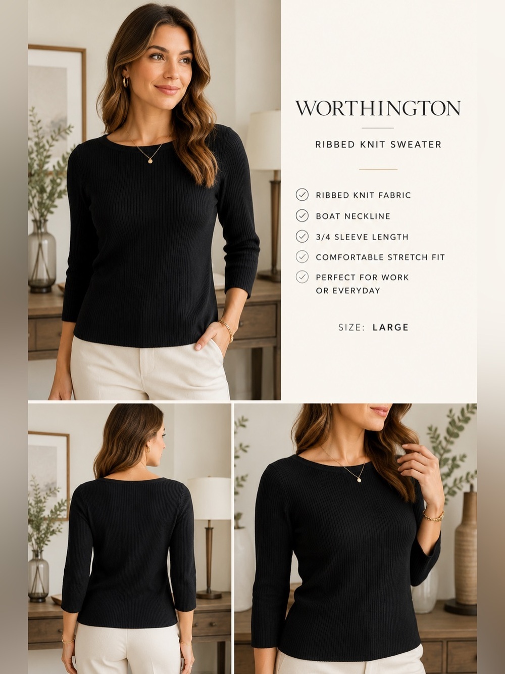 Worthington Black Ribbed Knit Boat Neck Sweater Women’s Large 3/4 Sleeve Career